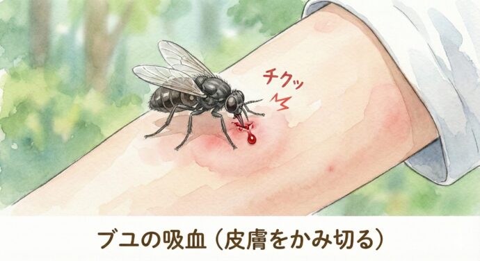 ブユ(メスの成虫)は、卵を産むための栄養として、人や動物の血を吸います。 蚊(か)のように針を刺すのではなく、皮膚をかみ切って血を吸うので、吸われる瞬間にチクッとした痛みを感じることがあります。