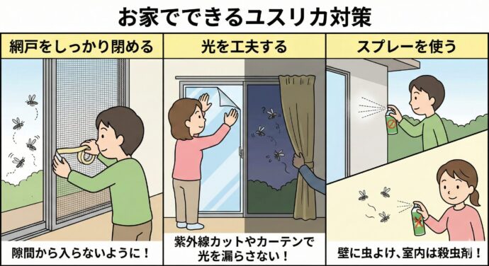 お家でできる対策
「ユスリカにお家に入ってほしくない!」という時のアドバイスです。
網戸(あみど)をしっかり閉める: 小さいので、隙間から入らないようにしましょう。
光を工夫する: ユスリカは光に集まる習性があります。窓に紫外線をカットするフィルムを貼ったり、光が外に漏れないようにカーテンを閉めたりするのが効果的です。
スプレーを使う: 壁に虫よけのスプレーをしたり、お部屋に入ってきたら殺虫剤を使ったりします。