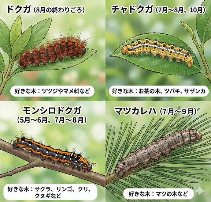 毒の針(はり)をもっている毛虫
ドクガ
好きな木:いろいろな木を食べます(ツツジやマメ科など)。
いつ:8月の終わりごろ
チャドクガ
好きな木:お茶の木、ツバキ、サザンカ(庭によくある木です!)
いつ:7月~8月、10月
モンシロドクガ
好きな木:サクラ、リンゴ、クリ、クヌギなど
いつ:5月~6月、7月~8月
マツカレハ・ツガカレハ
好きな木:マツの木など
いつ:7月~9月