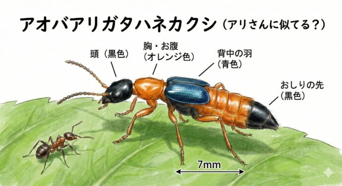 アリさんに似(に)てる?「アオバアリガタハネカクシ」
この虫は、大きさが7ミリくらい。とっても小さくて、細長い体をしているよ。
見た目の特徴(とくちょう)
形はアリさんにそっくり!
でも、色はカラフルだよ。頭とおしりの先っぽが黒色。
胸(むね)とお腹(なか)はオレンジ色。
そして、背中(せなか)の小さな羽は、きれいな青色をしているんだ。