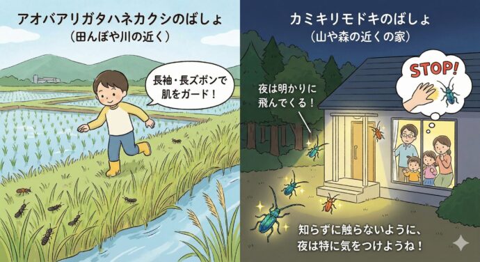 Q:どんな場所で虫の被害(ひがい)にあうの?
A: 「アオバアリガタハネカクシ」は、田んぼや川の近くの草むらで被害にあうことが多いみたい。そういう場所で遊ぶときは、長袖(ながそで)・長ズボンを着るなどして、肌を出さないように気をつけようね。
「カミキリモドキ」の仲間は、山や森の近くのお家で被害が多いんだ。
どちらの虫も、夜になると家の窓(まど)や玄関(げんかん)の明かりに飛んでくることがあるよ。知らずに触ってしまわないように、夜は特に気をつけようね。