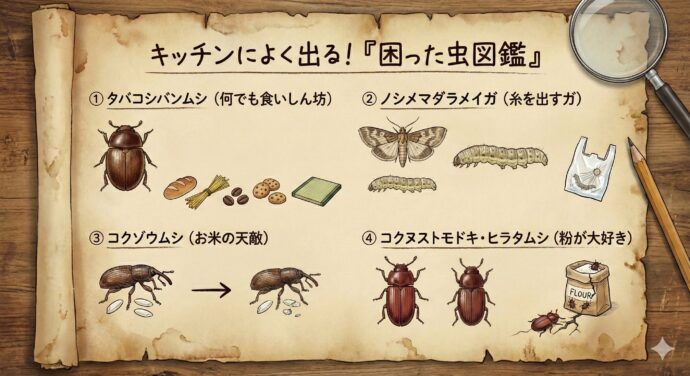 キッチンによく出る!「困った虫図鑑」
よく見かける代表的な虫たちを紹介します。
① タバコシバンムシ(何でも食べる食いしん坊)
茶色くて丸い、小さなカブトムシのような形をしています。 パン、パスタ、コーヒー、お菓子、さらには畳(たたみ)まで何でも食べてしまいます。
② ノシメマダラメイガ(糸を出すガの仲間)
幼虫(イモムシの状態)は、食べ物の中に**「白い糸」**を吐きます。 ビニール袋に小さな穴をあけて中に入り込む、とても力強い虫です。
③ コクゾウムシ(鼻の長いゾウさん風)
お米に穴をあけて、その中に卵を産みます。 お米の中から生まれてくるので、見つけるのがとても難しい、お米の天敵です。
④ コクヌストモドキ・ノコギリヒラタムシ
小麦粉やお菓子などの粉が大好きです。 体がとても平べったいので、ちょっとしたスキマからも入り込んでしまいます。