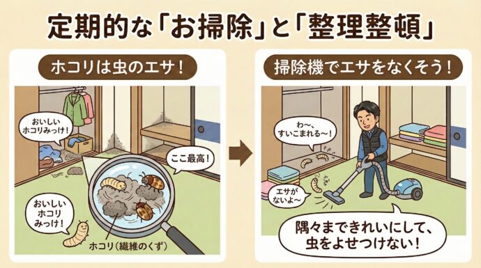 定期的な「お掃除」と「整理整頓」
クローゼットや押し入れの隅(すみ)にたまっている「ホコリ(繊維のくず)」も、虫たちのエサになります。時々荷物を全部出して、掃除機をかけてあげてくださいね。