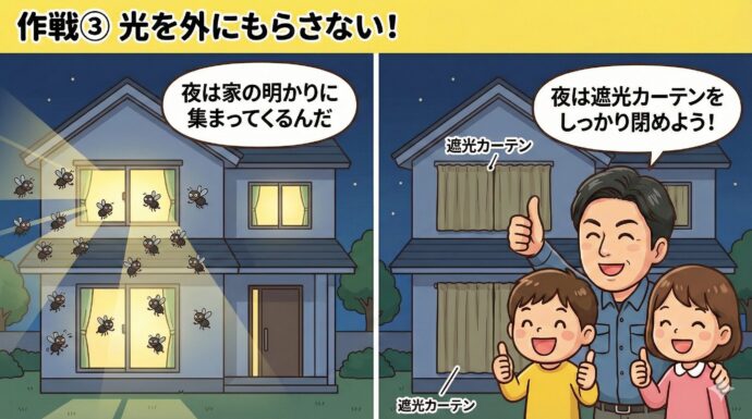 作戦③ 光を外にもらさない!
この虫は、夜になると家の明かりに集まってくるんだ。 夜は遮光(しゃこう)カーテンをしっかり閉めて、窓から光が外に漏(も)れないようにしよう。