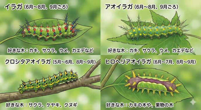 【毒のトゲをもっている毛虫(イラガの仲間)】
イラガ・アオイラガ
好きな木:カキ、サクラ、ウメ、カエデなど
いつ:6月~8月、9月ごろ
クロシタアオイラガ
好きな木:サクラ、ケヤキ、クヌギ
いつ:5月~6月、8月~9月
ヒロヘリアオイラガ
好きな木:カキの木や、果物の木
いつ:6月~7月、8月~9月