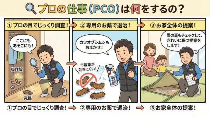 🕵️♂️ プロの仕事(PCO)は何をするの?
ボクたちプロの駆除業者は、ただお薬をまくだけではありません。
まずは、クローゼットの隅や床、壁のすき間などに、「虫の抜け殻(ぬけがら)」や「死骸(しがい)」がないかを、プロの目でじっくり調査します。
もし虫が見つかった場合は、専用の強力なお薬を使って退治します。特にカツオブシムシの幼虫は、市販のお薬が効(き)きにくいこともあるので、ボクたちプロの出番なんです!
さらに、畳(たたみ)の裏にエサがたまっていることもあるので、そこまでチェックして、お家全体をきれいに保つ提案をします。