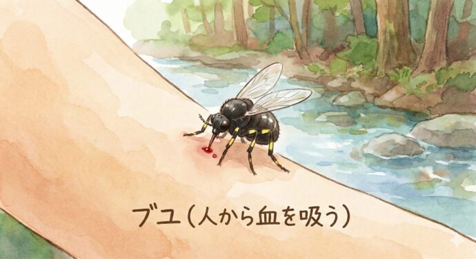 ブユは、ハエの仲間に入る小さな昆虫です。 大きさは3〜5ミリくらい。ゴマ粒より少し大きいくらいかな?
体は黒っぽくて、丸っこい形をしています。羽は透明です。 日本には約70種類くらいのブユがいて、足に黄色い模様がある種類が多いのが特徴です。
教科書には、ブユが人の腕にとまって血を吸っている写真がのっていました。あんなに小さな体で、チクッと刺してくるなんて、ちょっと怖いですね。