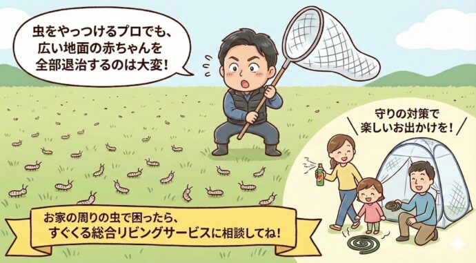 私たち「虫をやっつけるプロ(PCO)」でも、広い地面にいるヌカカの赤ちゃんをすべて退治(たいじ)するのはとても大変です。
まずは自分たちでできる「守りの対策(たいさく)」をしっかりして、楽しいお出かけにしてくださいね!もし、お家の周りの虫のことで困ったら、いつでもすぐくる総合リビングサービスに相談してください!
