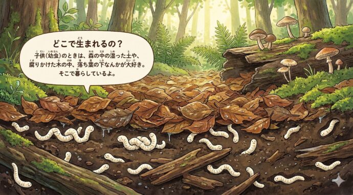 どこで生まれるの?
子供(幼虫)のときは、森の中の湿(しめ)った土や、腐(くさ)りかけた木の中、落ち葉の下なんかが大好き。そこで暮らしているよ。