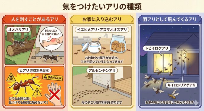 気をつけたいアリの種類
テキストブックの表をわかりやすく紹介するね。
人を刺すことがあるアリ:
オオハリアリ:森の中の腐った木や、お家の周りの地面にいます。刺されると赤く腫(は)れて痛いです。
ヒアリ(特定外来生物):とても危険な毒を持っています。見つけても絶対に触らないでね!
お家に入り込むアリ:
イエヒメアリ・アズマオオズアリ:お砂糖やお菓子が大好き。フタが開いていると入ってきます。
アルゼンチンアリ:ものすごい数で行列を作ります。
羽アリとして飛んでくるアリ:
トビイロケアリ・キイロシリアゲアリ:お家の明かりを目指して飛んできます。