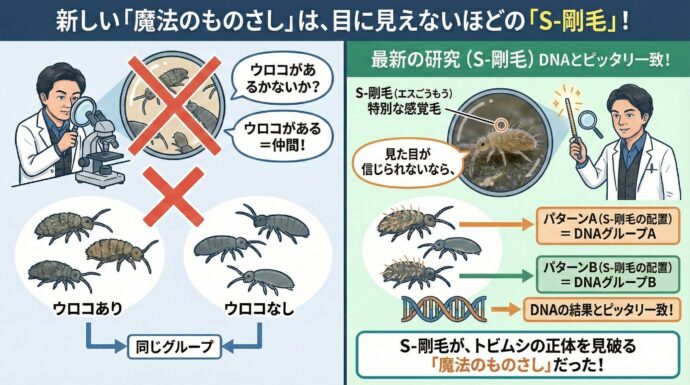 新しい「魔法のものさし」は、目に見えないほどの「毛」!
見た目が信じられないなら、どうやって仲間を分ければいいのでしょうか?
そこで科学者が見つけたのが、**「S-剛毛(エスごうもう)」**という特別な毛です。 これは体の上に生えているとても細い感覚毛で、普通の毛とは役割が違います。
この毛が「どこに何本生えているか」を調べると、DNAの結果とピッタリ一致しました!まさに、**トビムシの正体を見破る「魔法のものさし」**が見つかったのです。