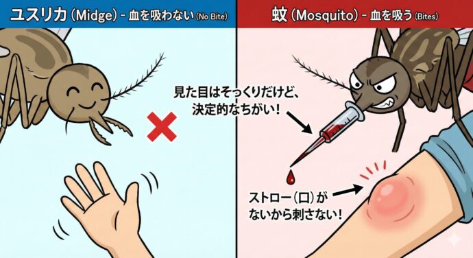 蚊とのちがい
見た目は蚊にそっくりですが、決定的なちがいがあります。 蚊は血を吸いますが、ユスリカは血を吸いません! 蚊の頭には血を吸うための細長いストロー(口)がありますが、ユスリカにはそれがありません。だから、人を刺してかゆくさせることはないんです。