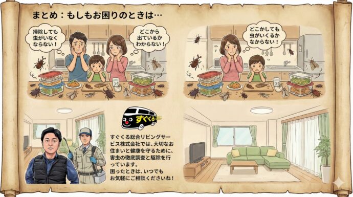 まとめ:もしもお困りのときは…
食品害虫は、一度発生するとお家のあちこちに広がってしまうことがあります。 「掃除しても虫がいなくならない!」「どこから出ているかわからない!」というときは、プロの出番です。
すぐくる総合リビングサービス株式会社では、大切なお住まいと健康を守るために、害虫の徹底調査と駆除を行っています。
困ったときは、いつでもお気軽にご相談くださいね!