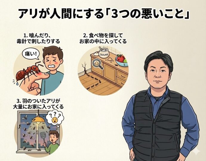 アリが人間にする「3つの悪いこと」
アリによる被害(ひがい)は、大きくわけて3つあります。
噛(か)んだり、毒針(どくばり)で刺したりする
食べ物を探してお家の中に入ってくる
羽のついたアリ(羽アリ)が大量にお家に入ってくる