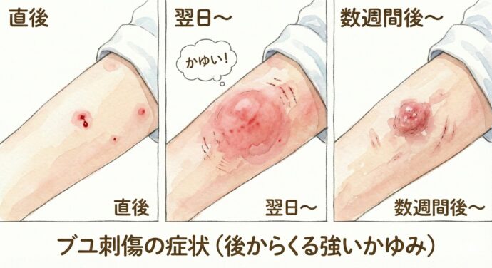 刺されたところは赤くなって、小さな出血点や水ぶくれができることがあります。
そして、ブユの怖いところは**「後からくる強いかゆみ」**です。 次の日くらいから、刺された場所が2〜3倍に赤く腫れ上がって、すごくかゆくなったり、痛くなったり、熱を持ったりします。 この症状が1〜2週間続くこともあります。
体質によっては、1ヶ月以上腫れが引かなかったり、数年間も治らない「慢性痒疹(まんせいようしん)」という状態になってしまうこともあるので注意が必要です。 (※海外では重い病気をうつすこともありますが、日本ではその心配は少ないです。)