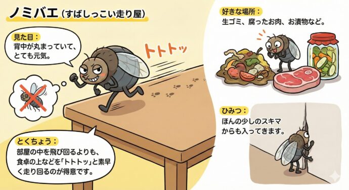 ノミバエ(すばしっこい走り屋)
見た目: 背中が丸まっていて、とても元気。
とくちょう: 部屋の中を飛び回るよりも、食卓の上などを「トトトッ」と素早く走り回るのが得意です。
好きな場所: 生ゴミ、腐ったお肉、お漬物など。
ひみつ: ほんの少しのスキマからも入ってきます。