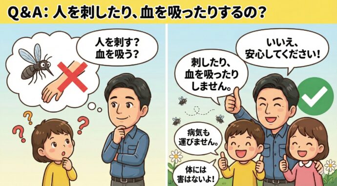Q:人を刺(さ)したり、血を吸(す)ったりするの?
A:いいえ、安心してください! 人を刺したり、血を吸ったりすることはありません。病気を運んだり、皮膚(ひふ)が赤くなったりするという報告も今のところないよ。 大量にいて気持ち悪いけれど、体には害(がい)はない虫なんだ。