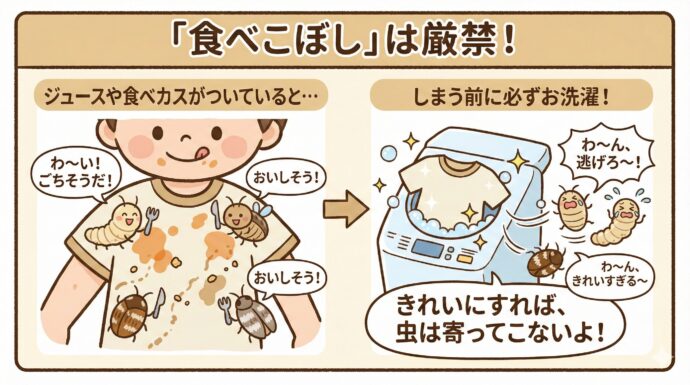 「食べこぼし」は厳禁!
ジュースやミルク、食べ物のカスが服についていると、虫たちはもっと喜んで寄ってきます。しまう前には必ずお洗濯(せんたく)をして、きれいにしましょう。