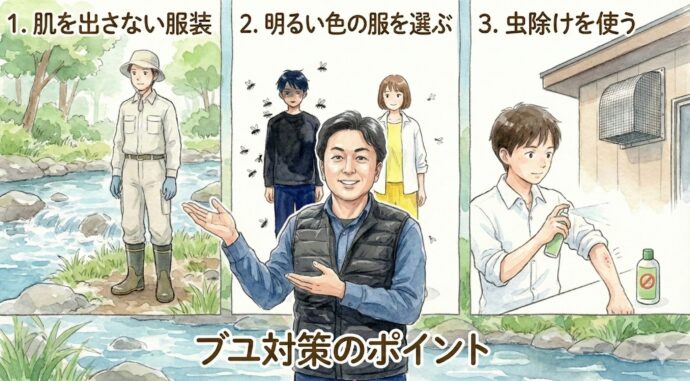 楽しいお出かけにするために、ブユに刺されないためのポイントを覚えましょう。
1. 肌を出さない服装で!
これが一番大切です。長袖、長ズボンをはいて、できるだけ肌を隠しましょう。手袋や長靴をはくのも効果的です。
2. 服の色は「明るい色」を選ぼう!
ブユは、黒や紺色のような暗い色に集まる習性があります。 山や川に行くときは、白や黄色などの明るい色の服や帽子を選ぶのがおすすめです。
3. 虫除けを使おう!
お店で売っている虫除けスプレーやクリームも有効です。説明書をよく読んで使いましょう。
※ちなみに、山の中にある食品工場などでは、換気扇のダクトからブユが入ってこないように網戸をつけるなどの対策をしています。