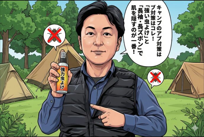 Q:キャンプでアブに襲われないようにするには?
A: さっき紹介した「強い虫よけ」を使いましょう。また、長袖・長ズボンを着て、肌を隠すのが一番の守りになります。