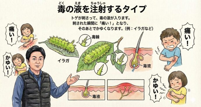 毒の液(えき)を注射(ちゅうしゃ)するタイプ
トゲが刺さって、毒の液が入ります。刺された瞬間に「痛い!」となり、そのあとでかゆくなります。
(例:イラガなど)