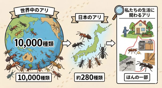 1. 日本にはどんなアリがいるの?
世界中にはなんと1万種類、日本だけでも約280種類のアリが住んでいます。 その中でも、私たちの生活に関わってくるのはほんの一部です。