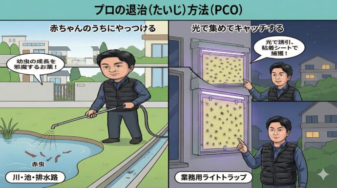 プロの退治(たいじ)方法
私たちのようなプロ(PCO)は、こんな方法で対策をしています。
赤ちゃんのうちにやっつける: 水の中に、ユスリカが大人になるのを邪魔するお薬をまきます。
光で集めてキャッチする: 光で虫を誘い出し、ベタベタしたシートで捕まえる特別な機械(ライトトラップ)を設置します。