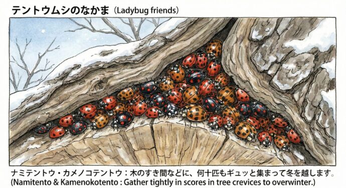 テントウムシのなかま
テントウムシは、見た目はかわいいですが、冬になると一箇所にたくさん集まって眠る(越冬)クセがあります。
ナミテントウ・カメノコテントウ: 木のすき間などに、何十匹もギュッと集まって冬を越します。