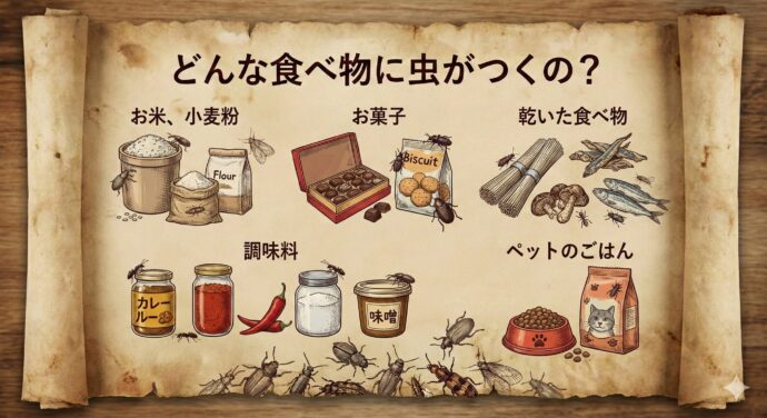 どんな食べ物に虫がつくの?
「虫は野菜だけにつくもの」と思っていませんか?実は、こんな意外な場所にも隠れているんです。
お米や小麦粉: 米びつやパン粉、ホットケーキミックスの中。
お菓子: チョコレート、ビスケット、キャンディ。
乾いた食べ物: おそばやそうめん、干ししいたけ、煮干し。
調味料: カレーのルー、七味(しちみ)唐辛子、お砂糖、お味噌。
ペットのごはん: ワンちゃんや猫ちゃんのエサ。
このように、私たちのキッチンにあるほとんどの乾燥した食べ物が、虫たちのターゲットになります。