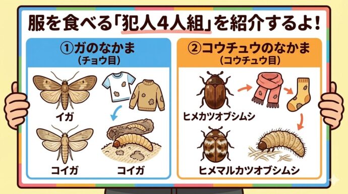 👕 犯人はだれだ?服を食べる「4人組」を紹介!
服を食べて穴を開けてしまう主な虫は、大きく分けて2つのグループ、合計4種類います。 これはブログの記事の中で使う画像 なので、長方形で画像を作ってください。