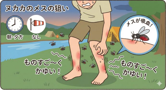 ヌカカのメスは、動物や人間の血を吸(す)います。
いつ狙われる?: 朝や夕方の、風がない時間が一番あぶないです。
どこを狙われる?: 主に**ヒザから下(足もと)**をねらってきます。
刺されると: あとから、ものすご〜く、かゆくなります!そのかゆみが長く続くこともあるので、とってもやっかいなんです。