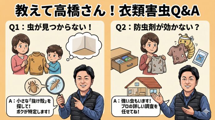 ❓ 教えて高橋さん!衣類害虫Q&A
よくある質問に答えます!
Q:服に穴が開いているのに、虫が見つかりません。 A: 実は、食べている最中の虫を見つけるのはとっても難しいんです。でも、クローゼットの隅をよく見ると、小さな「抜け殻」が落ちていることがあります。もし何かのカケラを見つけたら、ティッシュにくるんでボクたちに見せてください。何の虫か特定して、退治する方法を考えます!
Q:防虫剤を使っているのに、穴が開いちゃった。 A: カツオブシムシの幼虫は、お薬に強いパワーを持っていることがあります。また、一箇所だけじゃなく、お家のあちこちに虫が隠れているかもしれません。そんなときは、一度プロに詳しい調査を任せてくださいね。