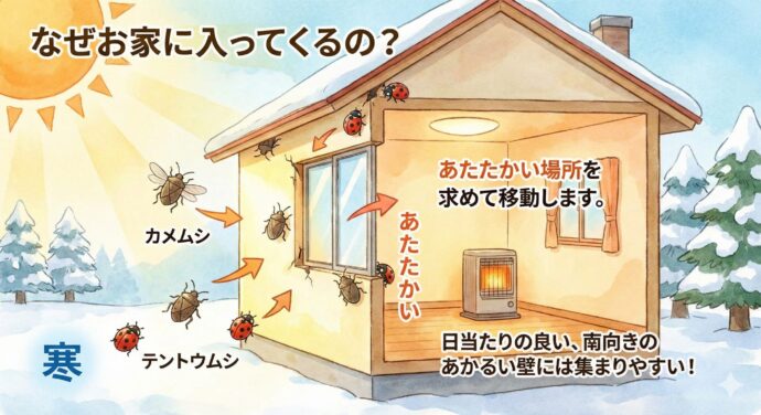 なぜお家に入ってくるの?
カメムシやテントウムシの多くは、「成虫(大人の姿)」で冬を越します。 外が寒くなってくると、あたたかい場所を求めて移動します。そのとき、お家のすき間を見つけて中に入り込んでしまうのです。
特に、**「日当たりの良い、南向きのあかるい壁」**には集まりやすいという特徴があります。寒かった日のあとに、急に暖かくなった日の昼間などは要注意です!