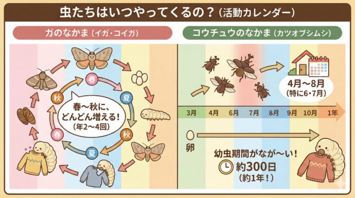 🗓️ 虫たちはいつやってくるの?
虫によって、活発になる時期が少し違います。
イガ・コイガ(ガの仲間): 春から秋にかけて、2回から4回も新しい世代が生まれます。放っておくと、どんどん数が増えてしまうので注意が必要です。
カツオブシムシの仲間: 成虫は4月の終わりから8月ごろにあらわれます。特に6月〜7月に、お家の中に飛んでくることが多いです。幼虫の期間がとっても長く、300日くらい(約1年!)かけてゆっくり服を食べて育ちます。
