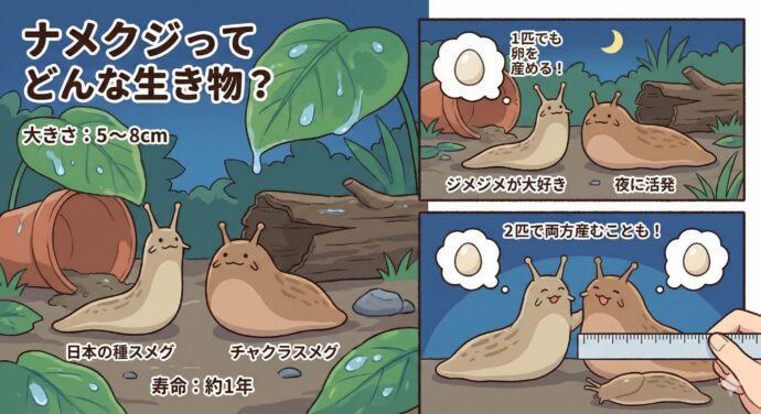 ナメクジってどんな生き物?
ナメクジは、実はカタツムリに近い仲間です。日本でよく見かけるのは、昔から日本にいる「ナメクジ」と、海外からやってきた「チャコウラナメクジ」の2種類。最近は、海外から来たタイプの方が多いんです。
大きさ: 大人になると5センチ〜8センチくらい。
どこにいるの?: お日様が苦手で、ジメジメした場所が大好き!昼間は植木鉢の下や、腐った木の中に隠れています。
いつ動くの?: 夜になると活発に動き出します。
すごい能力: なんと、1匹だけでも卵を産むことができます!2匹いれば、両方が卵を産むこともできるんです。
寿命: だいたい1年くらい生きます。