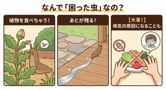 なんで「困った虫」なの?
ナメクジは、見た目がちょっと苦手……という人も多いですが、実は「困ったこと」をいくつか引き起こします。
植物を食べちゃう! ザラザラした舌(した)を持っていて、野菜やお花の新芽をけずり取るように食べてしまいます。
あとが残る! 通ったあとに銀色のテカテカしたスジが残りますよね。あれは体のヌメヌメが乾いたものです。
【大事!】病気の原因になることも ナメクジには目に見えない小さな「寄生虫(きせいちゅう)」がいることがあります。ナメクジがついた生野菜を洗わずに食べると、重い病気になることがあるので、絶対に触った手で口に触れたりしないでくださいね!
