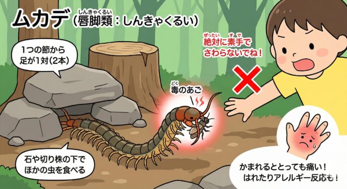 🦂 ムカデ(唇脚類:しんきゃくるい)
とくちょう: 1つの節(ふし)から足が**1対(2本)**出ています。
どこにいる?: 石(いし)のすき間(ま)や切り株(きりかぶ)の下にひそんで、ほかの虫を食べています。
ちゅうい!: 頭(あたま)の近くに**「毒(どく)のあご」**を持っていて、かまれるととっても痛(いた)いです!はれたり、アレルギー反応(はんのう)が出たりすることもあるから、絶対(ぜったい)に素手(すで)でさわらないでね。