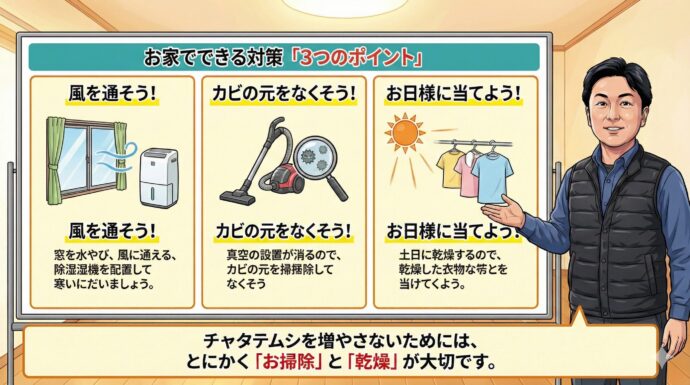お家でできる対策「3つのポイント」
チャタテムシを増やさないためには、とにかく**「お掃除」と「乾燥」**が大切です。
風を通そう! 窓をあけて空気を入れかえたり、除湿機を使ってお部屋をサラサラに保ちましょう。
カビの元をなくそう! 食べ物のカスが落ちていると、そこにカビが生えてしまいます。こまめに掃除機をかけましょう。
お日様に当てよう! お天気がいい日に畳などを外で干すと、乾燥してチャタテムシがいなくなります。