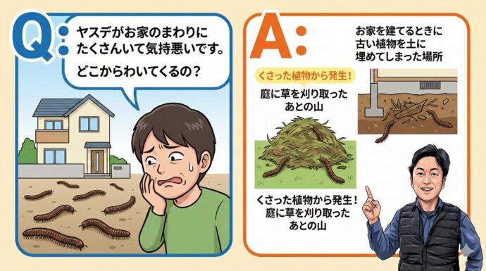 虫たちの「困った!」Q&A
Q:ヤスデがお家のまわりにたくさんいて気持ち悪いです。どこからわいてくるの?
A: ヤスデは、くさった植物(しょくぶつ)から発生(はっせい)します!庭(にわ)に草(くさ)を刈(か)り取(と)ったあとの山(やま)があったり、お家を建てるときに古い植物を土に埋(う)めてしまったりした場所から出てくることが多いんだよ。