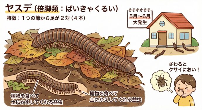 🦵 ヤスデ(倍脚類:ばいきゃくるい)
とくちょう: 1つの節(ふし)から足が**2対(4本)**出ています。
どこにいる?: 森(もり)や畑(はたけ)のしめった落ち葉(おちば)の下などに住(す)んでいます。
いいところ: 植物(しょくぶつ)を食べて土(つち)にかえしてくれる、実は「いい虫(益虫:えきちゅう)」なんです。
困(こま)るところ: 5月から6月ごろに大発生(だいはっせい)して、お家の中に入ってくることがあります。さわるとクサイにおいを出す種類(しゅるい)もいるので注意(ちゅうい)!