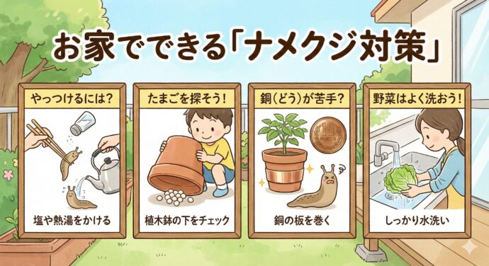 お家でできる「ナメクジ対策」
もしお庭やベランダで見つけたら、どうすればいいでしょうか?
やっつけるには? 割り箸(わりばし)でつかまえて、たっぷり塩をかけるか、熱いお湯をかけるのが効果的です。
たまごを探そう! 植木鉢の下などに、直径2〜3ミリの小さな卵(たまご)が固まっていることがあります。これを見つけて片付けるのが、増えなくするコツです!
10円玉と同じ「銅(どう)」が苦手? ナメクジは「銅イオン」というものが嫌いです。植木鉢の周りに銅の板を巻くと、ナメクジが近寄りにくくなりますよ。
野菜はよく洗おう! お庭でとれた野菜などは、特にしっかり水洗いしましょう!