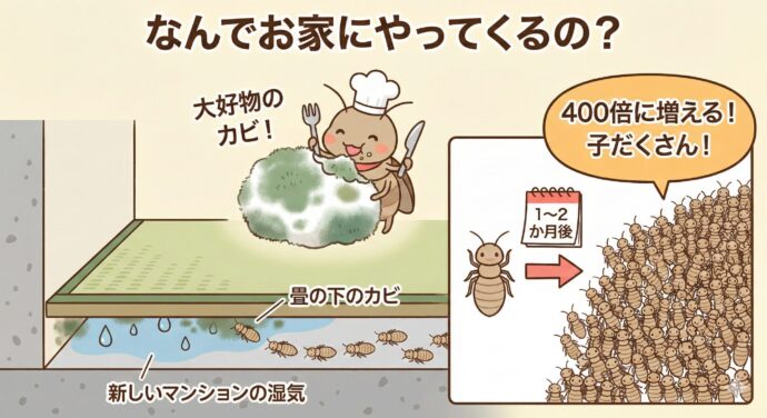 なんでお家にやってくるの?
チャタテムシが一番好きな食べ物は、実は**「カビ」**なんです。
ジメジメした場所でカビが生えると、それを食べにチャタテムシが集まってきます。 特に、新しいマンションなどでコンクリートがまだしっかり乾いていないうちに畳を敷くと、その下の湿気でカビが生え、チャタテムシが大量発生してしまうことがあります。
なんと、1〜2か月で400倍に増えることもある、とっても子だくさんな虫なんです!