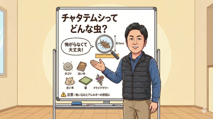 チャタテムシってどんな虫?
まず、一番大切なのは**「怖がらなくて大丈夫!」**ということ。 「シラミ」に近い仲間という説明がありますが、人間の血を吸ったり、かんだりすることはありません。
大きさ: 約1mm(シャーペンの芯の先っぽくらいの小ささ!)
見た目: 種類によりますが、羽がないものが多く、うすい茶色をしています。
どこにいる?: お家の中のホコリ、古い本、畳、そば殻の枕、ドライフラワーなどが大好きです。
注意点: 体がとても小さいので、吸い込むとアレルギー(せきや鼻水など)の原因になることがあります。