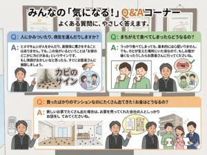 みんなの「気になる!」Q&Aコーナー
よくある質問に、やさしく答えます。
Q:人にかみついたり、病気を運んだりしますか?
A: ヒメマキムシが人をかんだり、直接体に悪さをすることはありません。でも、この虫がいるということは「お家のどこかにカビがある」というサインです。もし体調がおかしいなと思ったら、すぐにお医者さんに相談しましょう。
Q:まちがえて食べてしまったらどうなるの?
A: うっかり食べてしまっても、基本的には心配いりません。でも、カビが生えた場所にいた虫なので、もしお腹が痛くなったりしたらお医者さんに行ってくださいね。
Q:買ったばかりのマンションなのにたくさん出てきた!お金はどうなるの?
A: 新しいお家でたくさん出た場合は、お家を売ってくれた会社の人としっかりお話をしてみてくださいね。