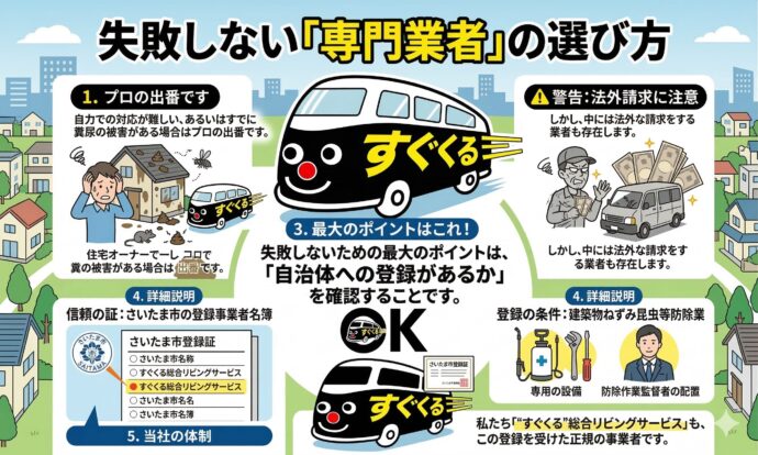 3. 失敗しない「専門業者」の選び方
自力での対応が難しい、あるいはすでに糞尿の被害がある場合はプロの出番です。しかし、中には法外な請求をする業者も存在します。
失敗しないための最大のポイントは、**「自治体への登録があるか」**を確認することです。
信頼の証: さいたま市の登録事業者名簿
登録の条件: 「建築物ねずみ昆虫等防除業」の登録には、専用の設備や防除作業監督者の配置が義務付けられています。
当社の体制: 私たち「”すぐくる”総合リビングサービス」も、この登録を受けた正規の事業者です。