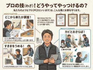 プロの技(わざ)!どうやってやっつけるの?
私たちのようなプロ(PCOといいます)は、こんな風にお家を守ります。
どこから来たか調査! まずは、どこに虫が隠れているか、どこから入ってきたかをしっかり調べます。
カビとおさらば! 虫を退治するだけでなく、原因となるカビをお掃除したり、カビが生えにくい環境を作ったりします。
すきまをうめる! 虫が入ってこられないように、小さなすきまをふさぐアドバイスもします。