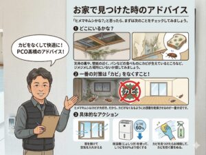 お家で見つけた時のアドバイス
「ヒメマキムシかな?」と思ったら、まずは次のことをチェックしてみましょう。
どこにいるかな? 天井の裏や、壁紙の近く、パンなどの食べものにカビが生えているところなど、ジメジメした場所にいないか探してみましょう。
一番の対策は「カビ」をなくすこと! ヒメマキムシはカビが大好き。だから、カビがなくなるようにお部屋を乾燥させるのが一番大切です。
窓を開けて空気を入れかえる
除湿機(じょしつき)を使って、しつどを60%より低くする
カビを見つけたらお掃除して、カビを防ぐ薬をぬる。