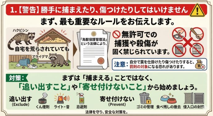 1. 【警告】勝手に捕まえたり、傷つけたりしてはいけません
まず、最も重要なルールをお伝えします。
ハクビシンやアライグマは、たとえ自宅を荒らされていても、「鳥獣保護管理法」という法律により、無許可での捕獲や殺傷が固く禁じられています。
注意: 自分で罠を仕掛けたり傷つけたりすると、罰則の対象になる恐れがあります。
対策: まずは「捕まえる」ことではなく、**「追い出すこと」や「寄せ付けないこと」**から始めましょう。