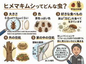 ヒメマキムシってどんな虫?
ヒメマキムシは、カブトムシなどと同じ「甲虫(こうちゅう)」の仲間です。でも、大きさは全然違います!
大きさ: 0.8ミリ〜3ミリくらい。(えんぴつの芯の先っちょよりも小さいんです!)
色: 茶色っぽい色をしています。
好きな食べもの: 実は、この虫は**「カビ」**を食べて生きています。
外では、枯れた木や鳥の巣、落ち葉の中などに住んでいますが、お家の中にカビが生えると、それを食べにやってくることがあります。
面白いことに、新しいマンションや、リフォームしたばかりのお家でも見つかることがあるんですよ。壁紙の裏側など、目に見えないところにカビが生えていると、そこに集まってしまうんです