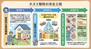 STEP 1:徹底的な事前調査
建物の外側と内側の両面から、ネズミの侵入ルートをくまなく洗い出します。この段階で入り口を正確に特定することが、完全駆除を達成するための最も重要なステップとなります。
STEP 2:多角的な防除アプローチ
駆除作業においては、「物理的」「化学的」「環境的」という3つのアプローチを巧みに組み合わせることが最も高い効果を発揮します(※状況に合わせ、各種資材や薬剤、環境改善のアドバイスなどを行います)。
STEP 3:侵入経路の遮断(防鼠施工)と完了確認
作業後は十分な観察期間を設け、ネズミの気配や形跡が完全に消えたことを確認します。最後に、特定したすべての侵入口を強固に塞ぎ、二度と侵入できない状態を作り上げてすべての工程が完了となります。
